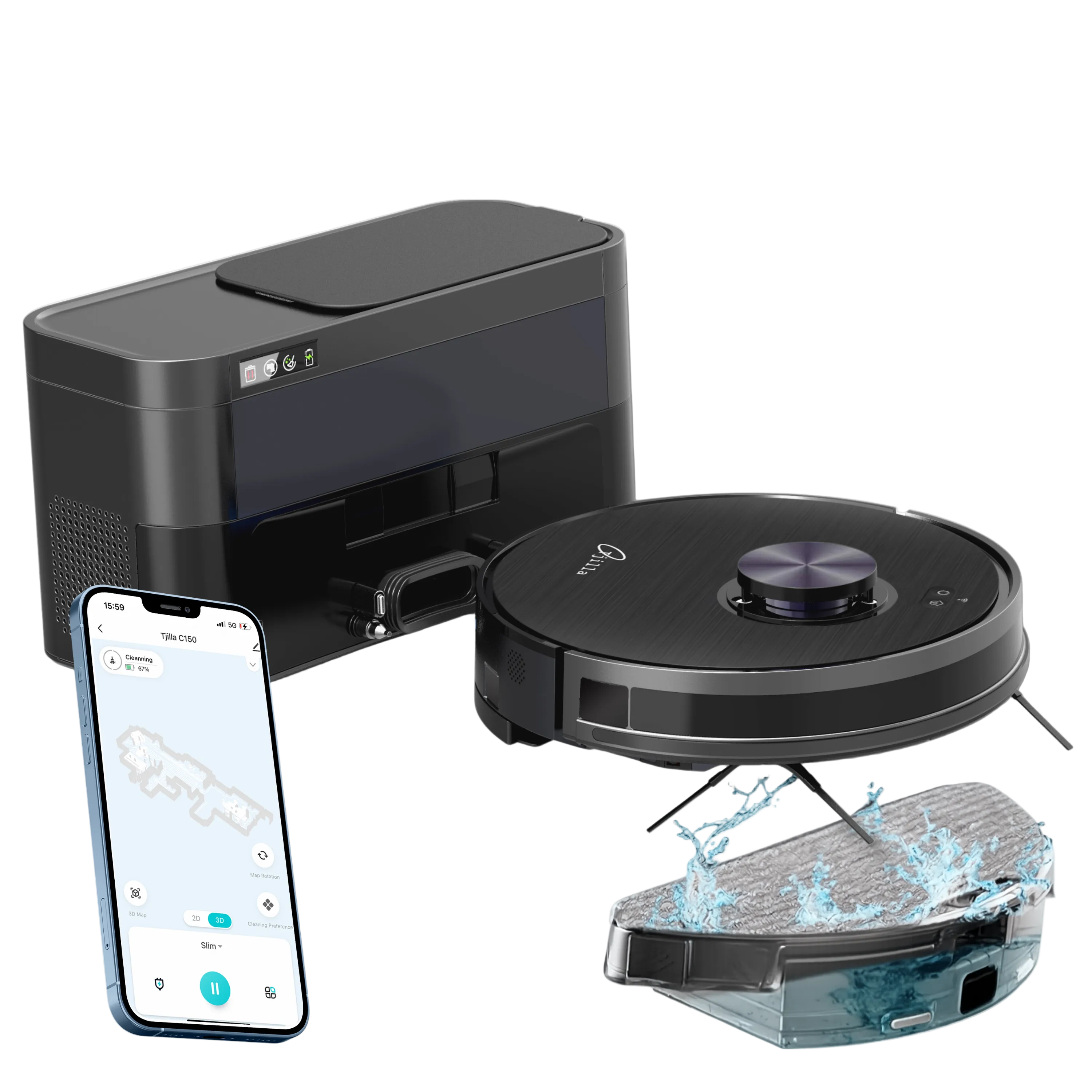 Slimme Robotstofzuiger met dweilfunctie en automatische leegstation - Tjilla C150+