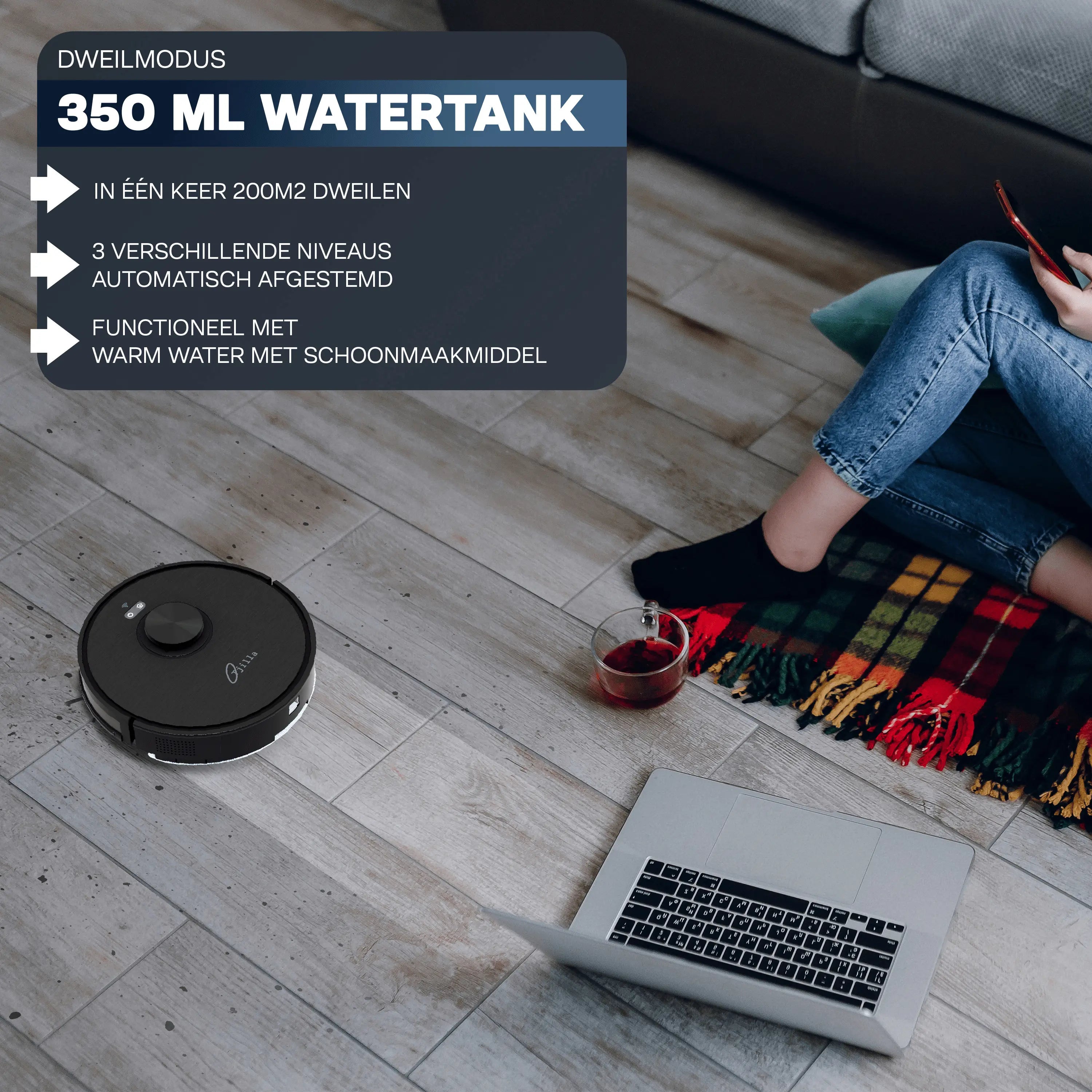 Robotstofzuiger met dweilfunctie, aan het dweilen